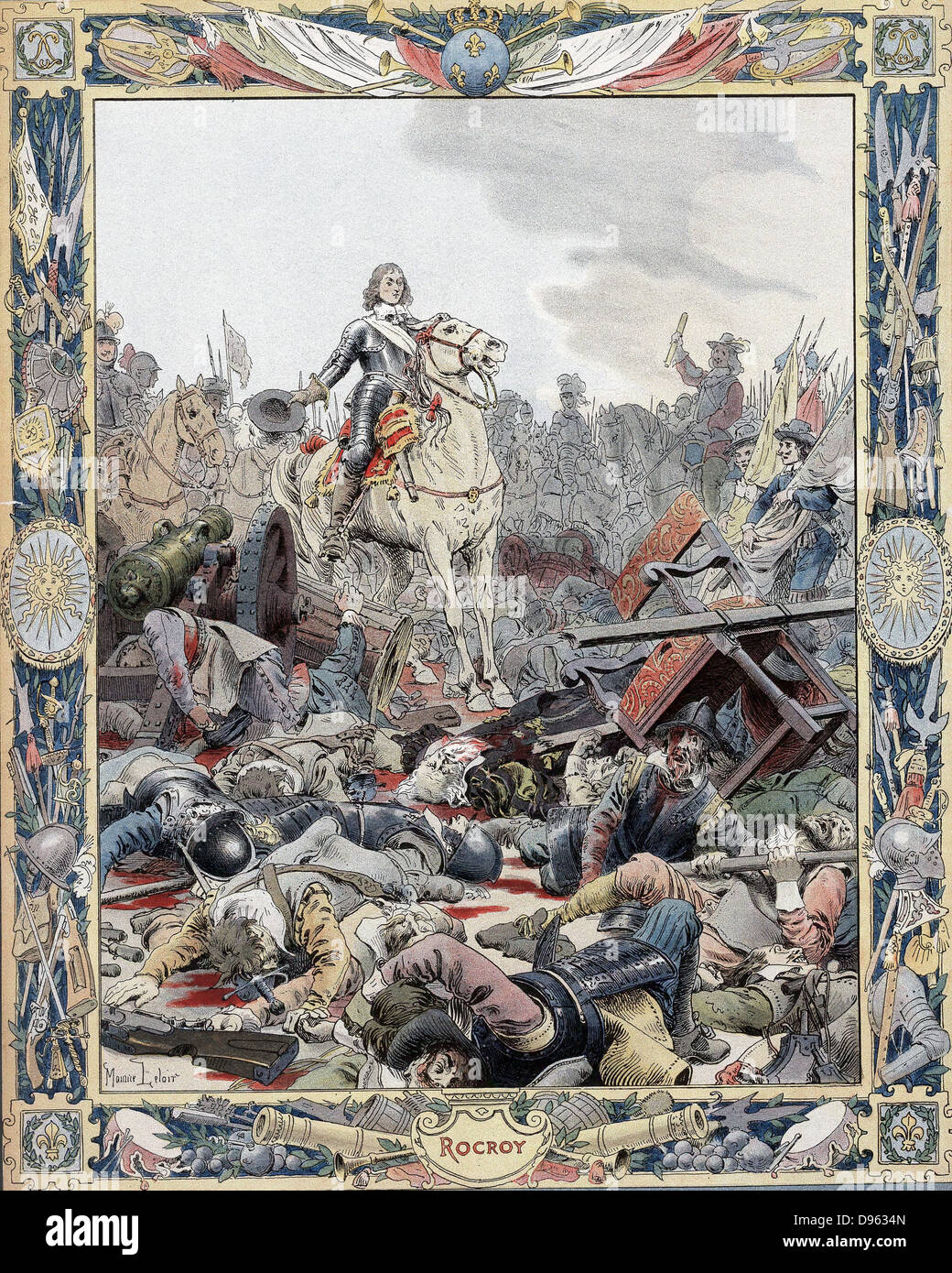 Guerra de Treinta Años: La Batalla de Rocroi (Rocroy), 19 de mayo de 1643, el español derrotado por franceses bajo el Duc d'Enghien, Príncipe de Conde (1621-1686), conocido como el gran (Gran) Conde. Foto de stock