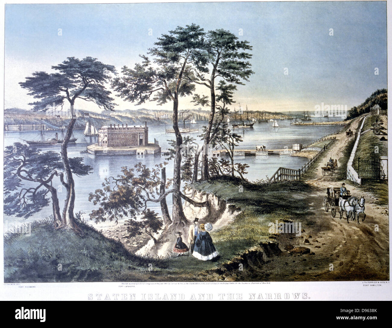 Staten Island y el Narrows, Nueva York visto desde Fort Hamilton. Fort Layfayette centro enmarcado por árboles. Litografía por Currier e Ives, Nueva York, c1870. Foto de stock