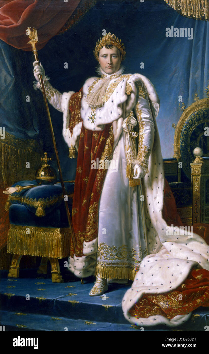 Napoleón I Emperador de Francia Napoleón Bonaparte (1769-1821) en su abrigo de coronación, 1804. Françoise Gerard (1770-1837), pintor francés. El Museo Nacional de Versalles, Francia. Foto de stock