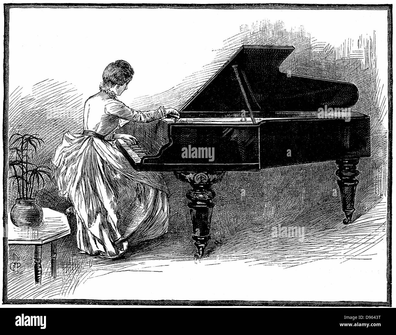 Mujer joven la afinación de un piano de cola. Afinación de pianos fue considerado una ocupación adecuada para una jovencita forzados a ganarse la vida. El grabado en madera, 1887. Foto de stock