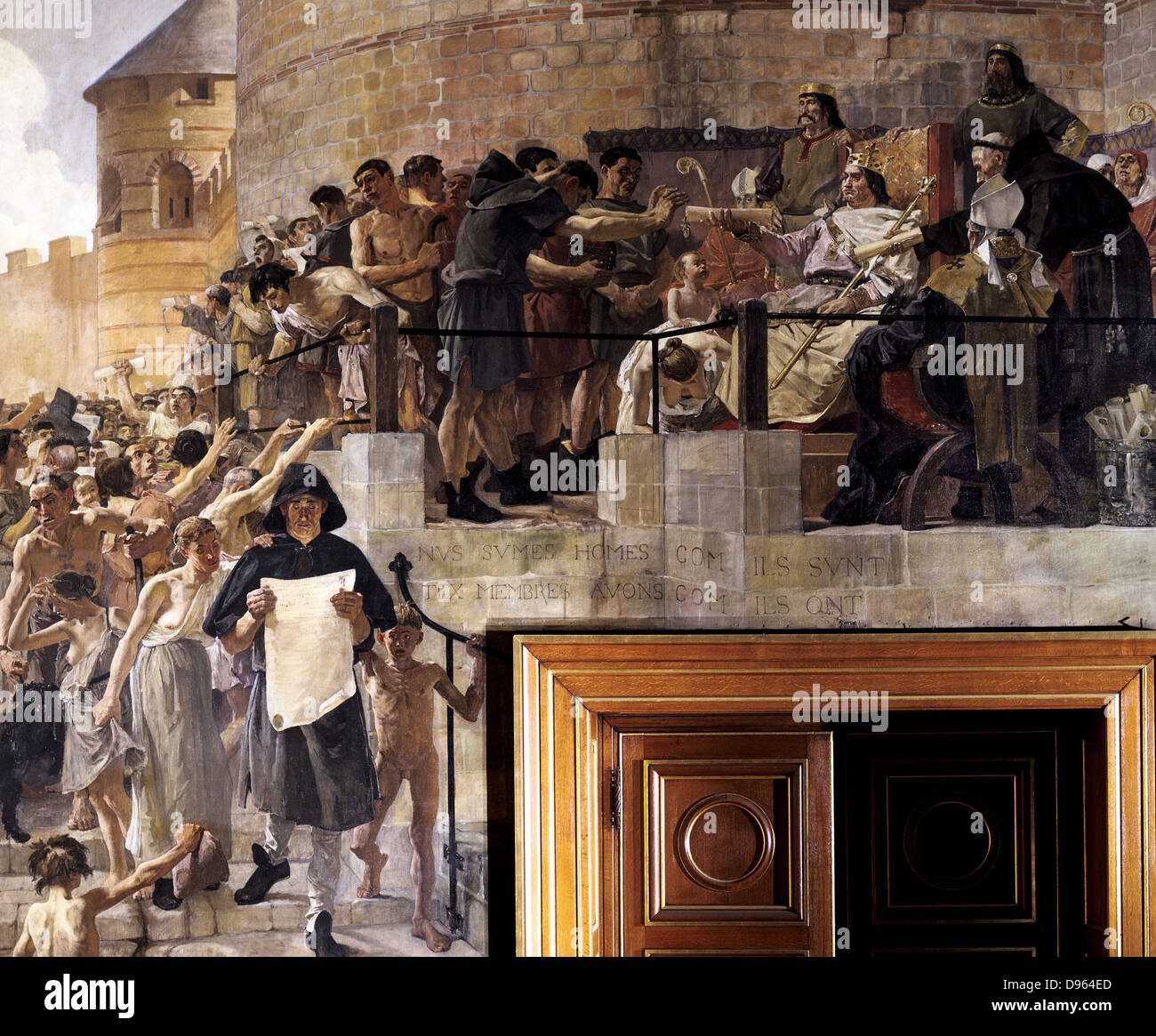 Luis VI el Gordo (1081-1137), rey de Francia de 1108, concediendo a los ciudadanos de París su primera carta". Jean Paul Laurens (1838-1921) francés. Hôtel-Dieu de París. Foto de stock