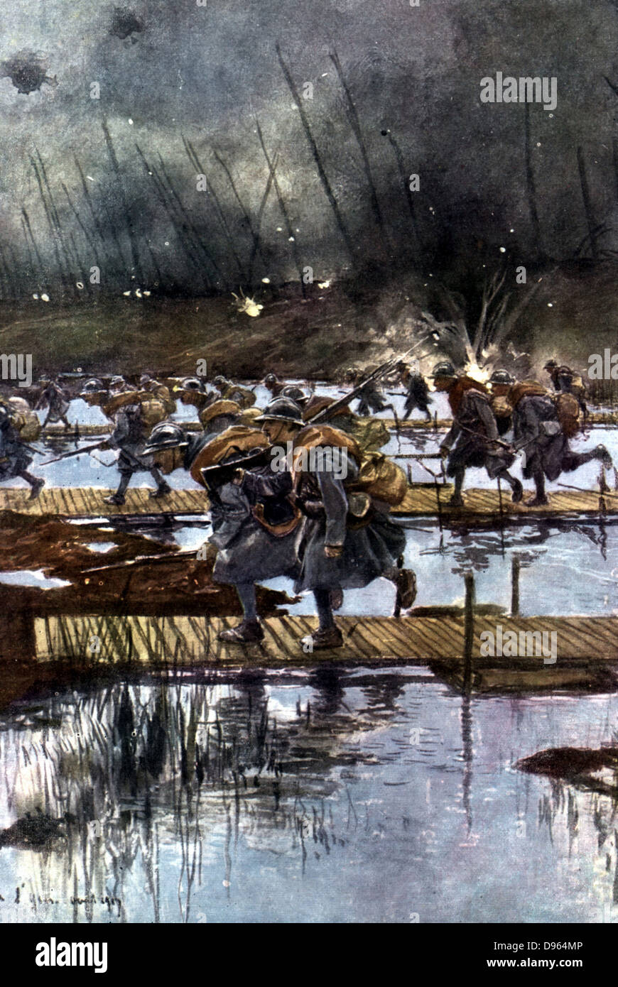 Francés lst Cuerpo de Infantería cruzar el Canal Yser, el 31 de julio de 1917, 4.45 am Después de pintar por Francois Flameng (1856-1923) francés. Foto de stock