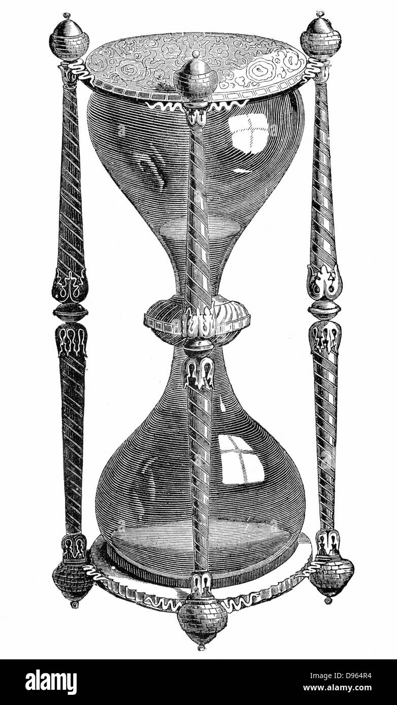 Reloj de arena del siglo XVI: grabado del siglo XIX. Foto de stock