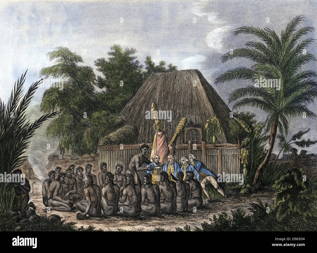 James Cook (1728-79) Inglés, Explorer y Navigator hidrógrafo recibiendo homenaje ritual de Sandwich isleños, de 1779, durante su tercer viaje del Pacífico. Grabado pintado a mano de 1832. Foto de stock