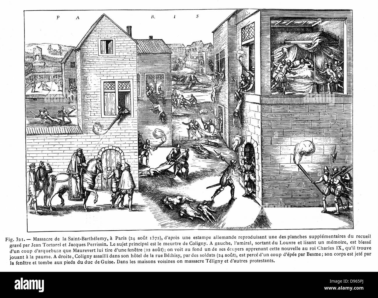Las guerras religiosas francesas 1562-1598. Masacre de San Bartholemew, París, 24 de agosto de 1572. Líder hugonote Gaspard de Coligny; (1519-1572) herida por disparo de arma de fuego desde la ventana, el 22 de agosto, a la izquierda. A la derecha, asesinado en la cama, cuerpo arrojados desde la ventana. Carlos IX (1550-1574), rey de Francia desde 1559, jugando a tenis arriba izquierda, instigó la masacre. Grabado. Foto de stock