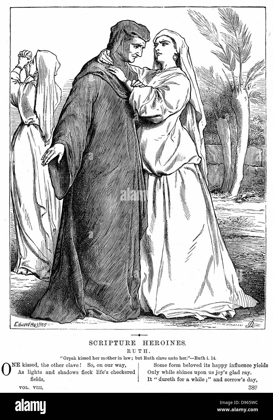 Ruth abrazando a su suegra.'' la Biblia 2 Rut 1.14. Grabado en madera de 1873. Foto de stock