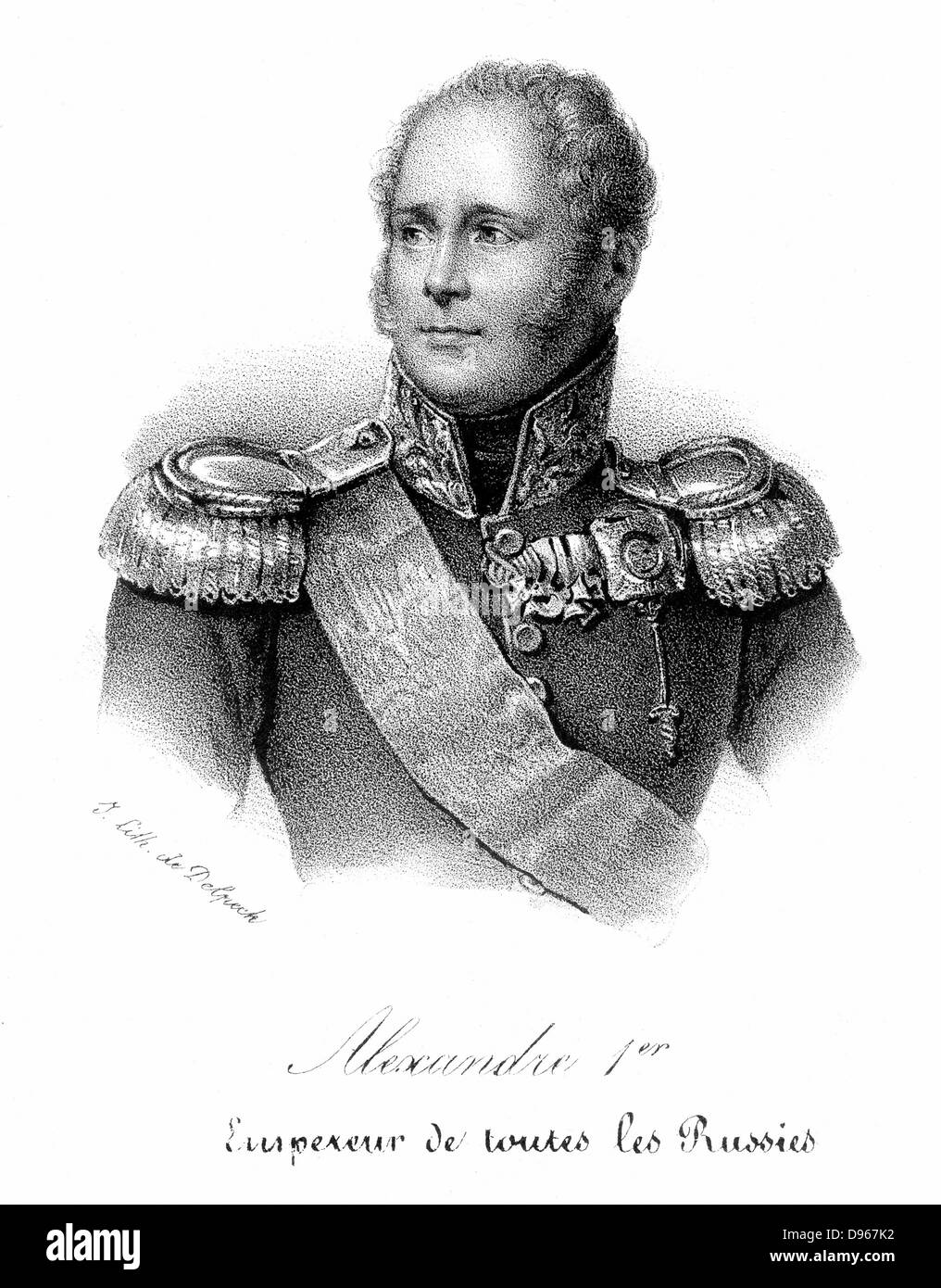 Alejandro I (1777-1825), zar de Rusia desde 1801, en uniforme militar. Litografía francesa c1830. Foto de stock