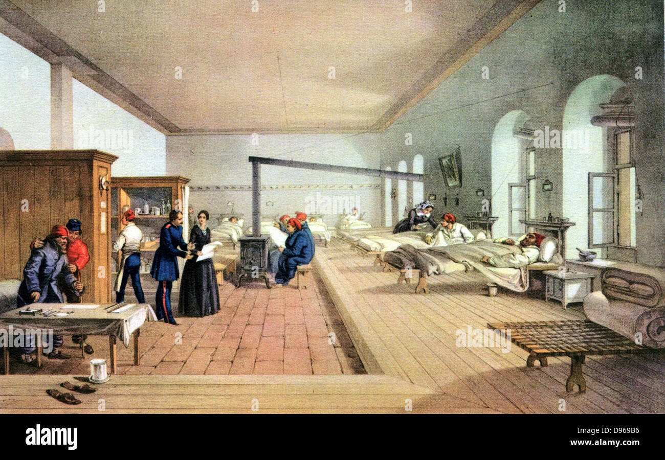 Florence Nightingale (1820-1910) inglés pionero y reformador de la enfermería del hospital inspeccionando los pabellones del hospital militar en Scutari durante la Guerra de Crimea (1853-1856). Los pacientes pueden salir de la cama una caja redonda de clúster estufa. Después de litografía de Los Simpson 'ilu Foto de stock