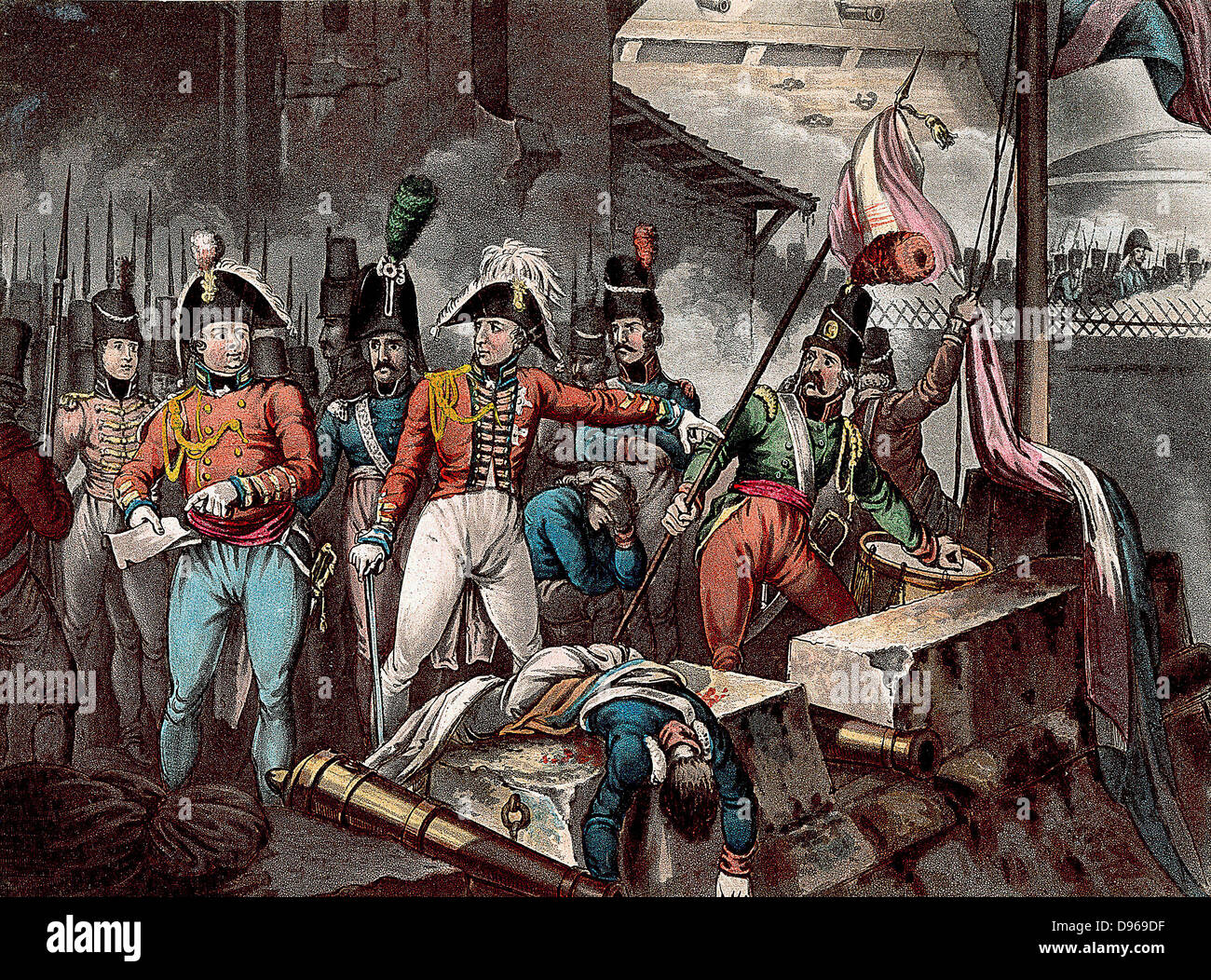 Guerra Peninsular: Duque de Wellington (1769-1852) de Arthur Wellesley en la toma de Ciudad Rodrigo 1812. Dibujado y grabado por William Heath, aquatinted publicado por JC Stadler, c1818. Foto de stock