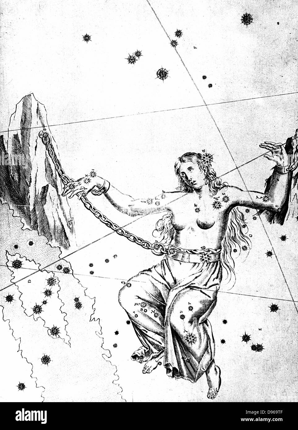 Constelación de Andrómeda de Johannes Bayer 'Uranometria' Ulm 1723. Andrómeda encadenada a las rocas esperando el rescate por Perseus. Copperplate grabado Foto de stock