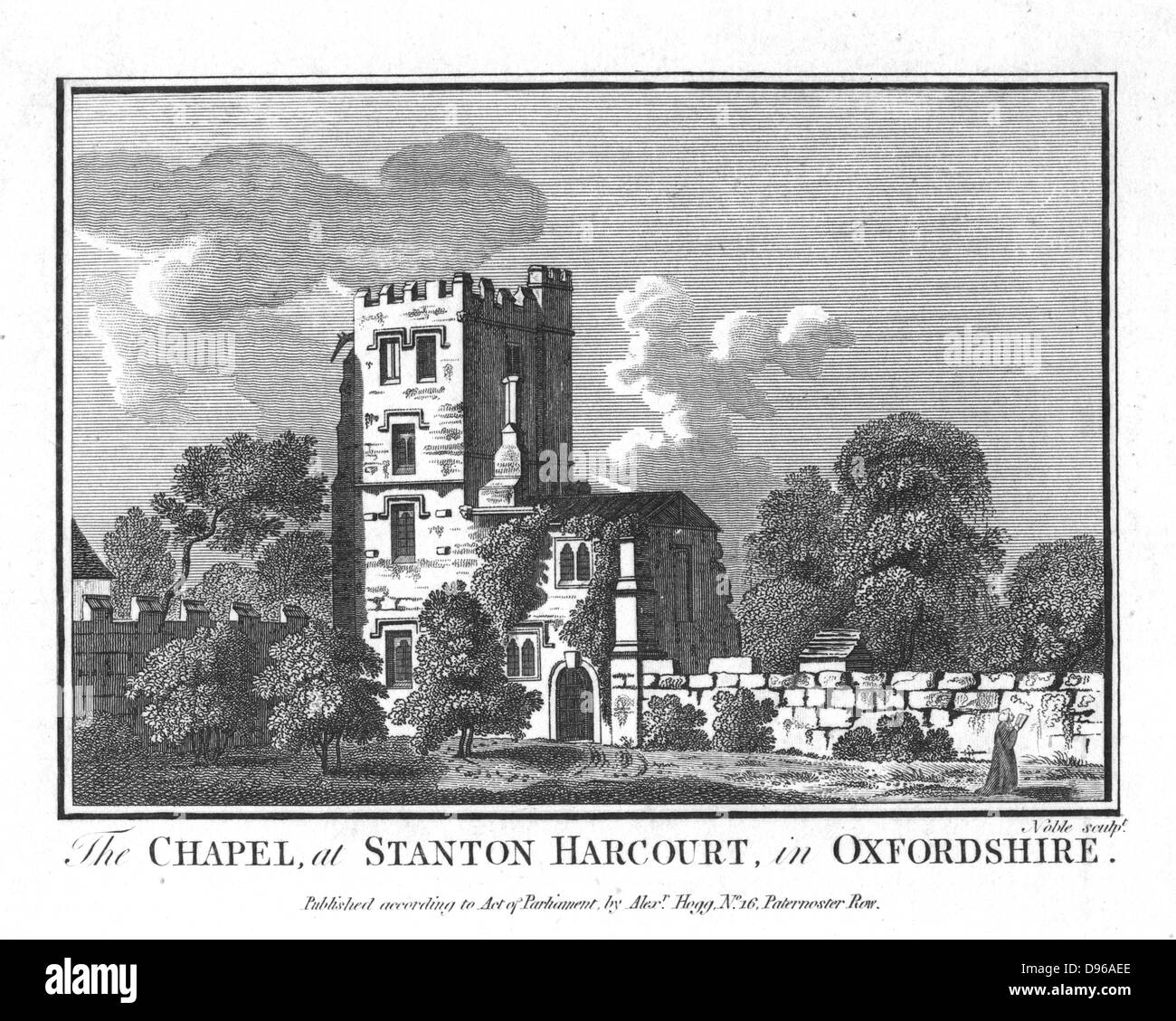 Alexander Pope (1688-1744) poeta inglés. Capilla y torre del Papa a Staton Harcurt, Oxfordshire. Copperplate grabado. Foto de stock