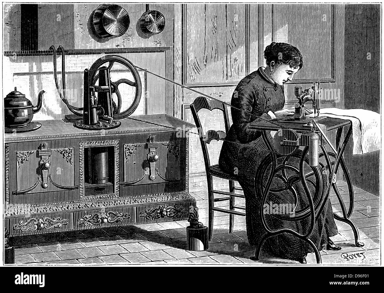Daussin del motor de vapor, se calientan en el horno de la cocina, que se utiliza para alimentar una máquina de coser. Grabado publicado en París, 1883 Foto de stock
