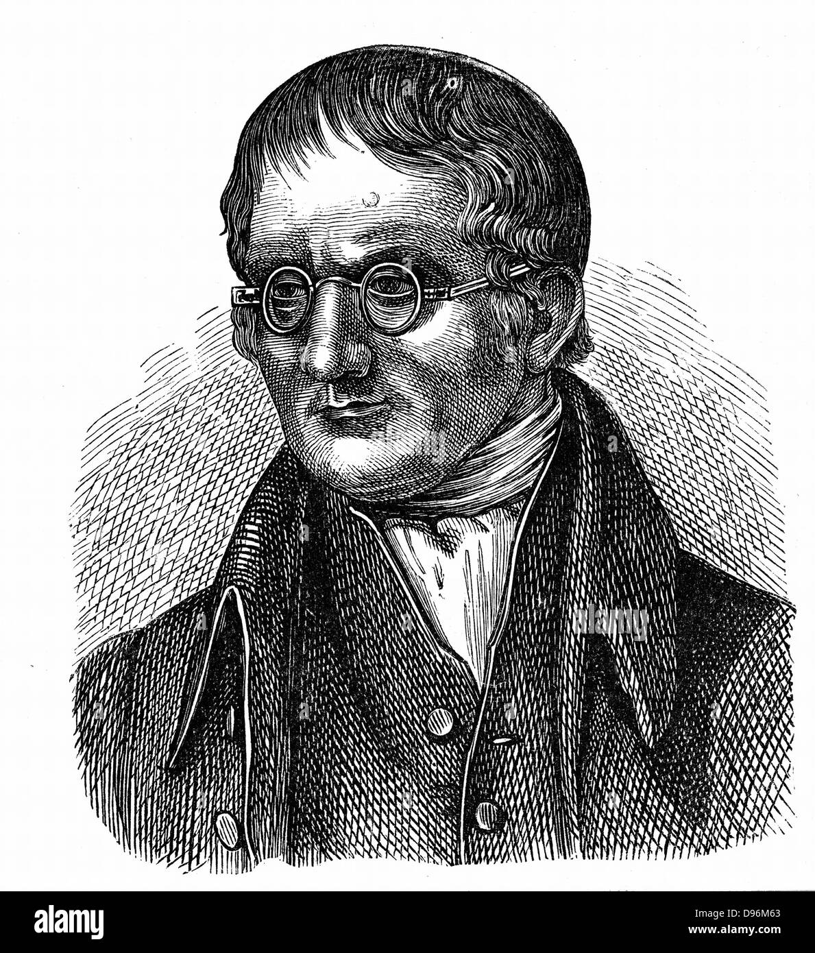 John Dalton (1766-1844) químico inglés. En 1794 describió ceguera al color (daltonismo) de que tanto él como su hermano ha sufrido. Grabado en madera Foto de stock