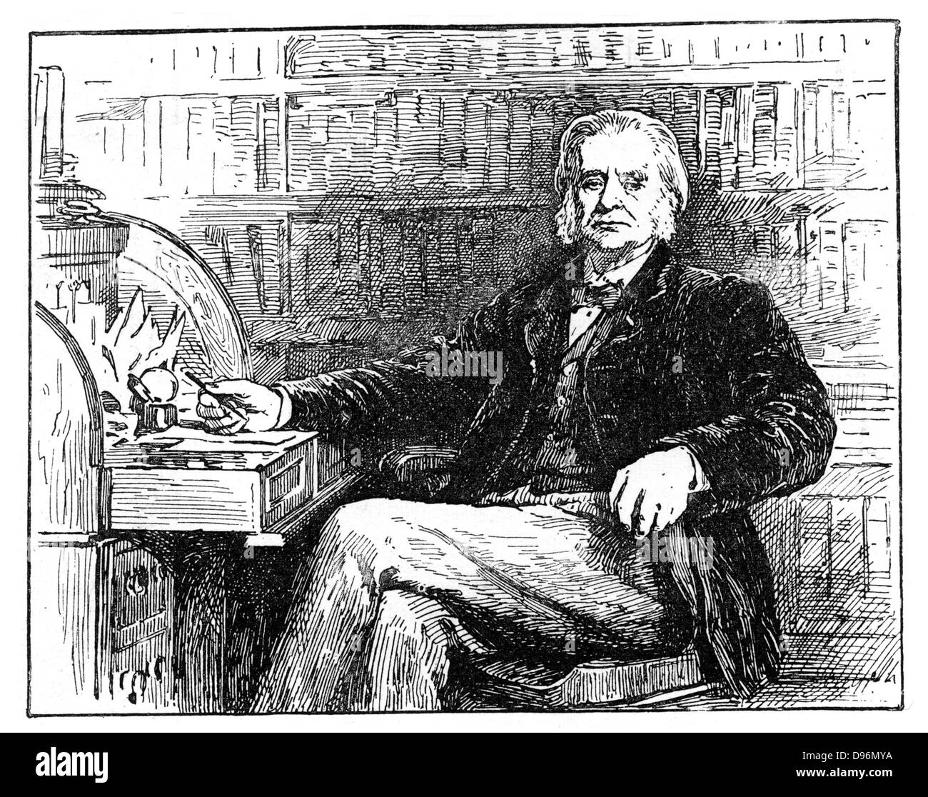 Thomas Henry Huxley (1825-1895) de 64 años de edad. Biólogo británico, partidario de Darwin y la evolución, en su escritorio. Grabado. Foto de stock