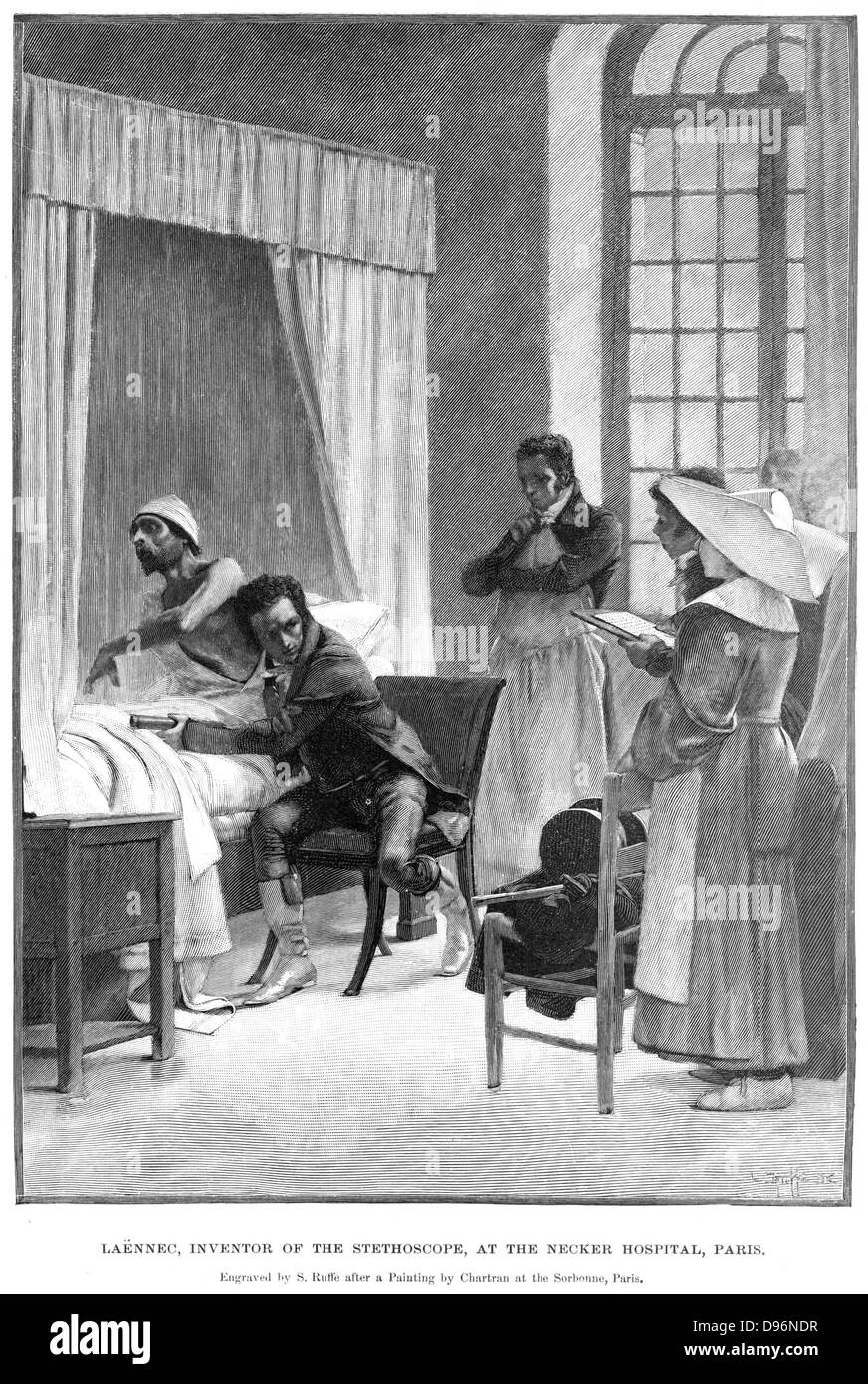René Theophile Hyacinthe Laennec (1781-1826), médico francés que inventó el  estetoscopio. [1889]. Laennec está demostrado escuchando un pecho del  paciente en el Hospital Necker, en París. En su mano izquierda sostiene el