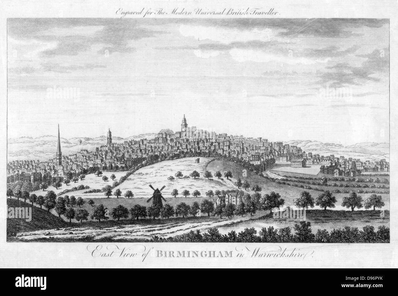 Vista desde el este de Birmingham en Warwickshire'. Desde 'el moderno viajero británico Universal". (Londres, 1779). Copperplate grabado. Foto de stock