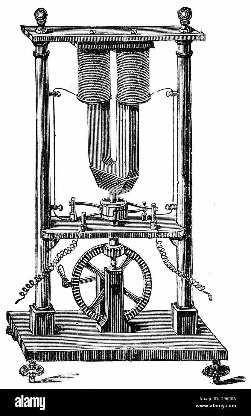 Primer magneto-motor eléctrico integrado por Hippolyte Pixii c1832. Esta  fue la primera aplicación de Faraday (1831) Demostración del magnetismo que  produce una corriente eléctrica. R. Wormell electricidad "al servicio del  hombre' de