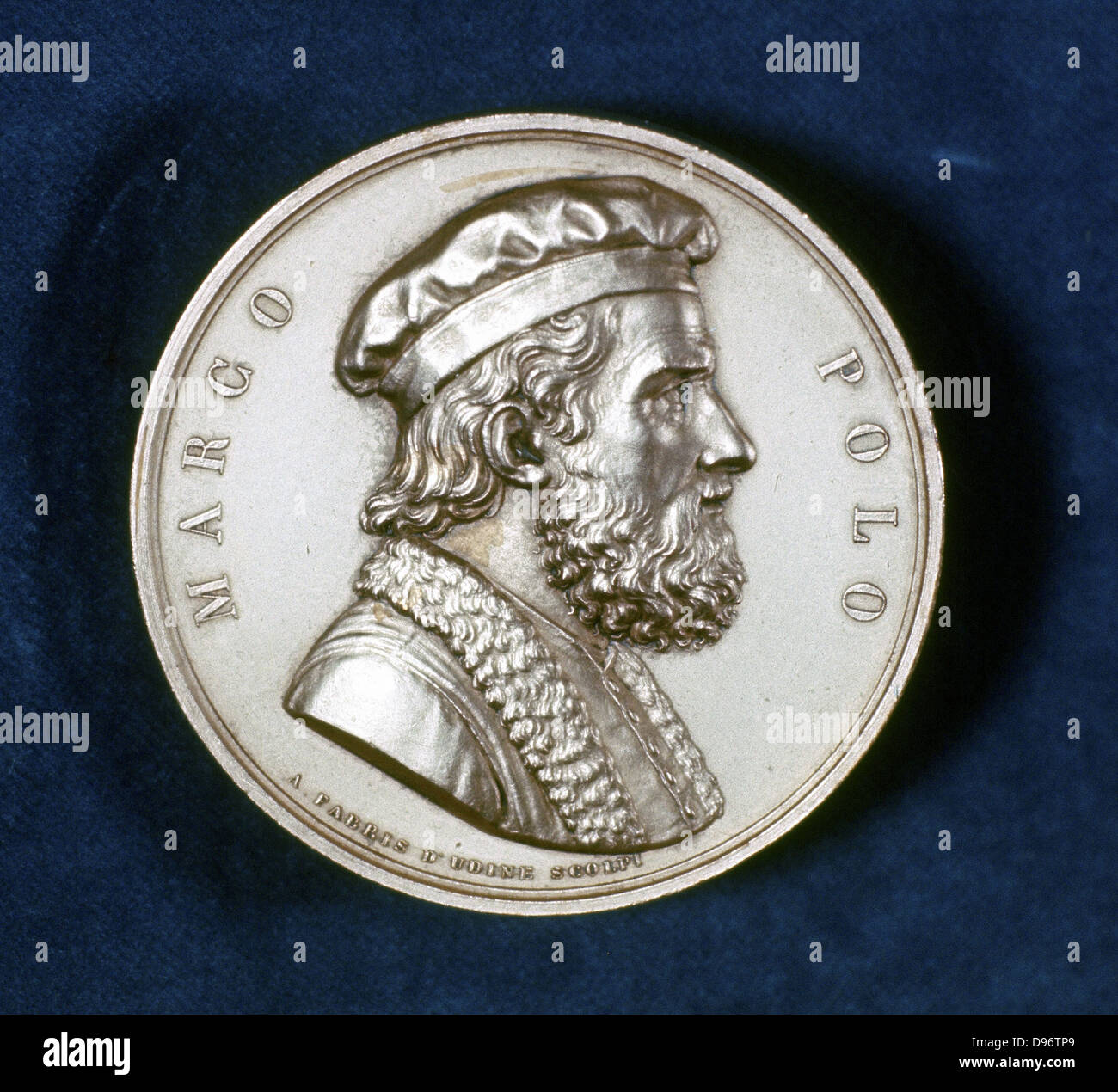 Marco Polo (1254-1324), diario del viajero y comerciante veneciano. Retrato del anverso de la medalla conmemorativa. Foto de stock