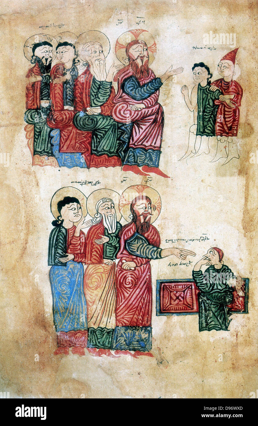 Jesús cura al hombre poseído de un demonio (superior). Levantamiento de