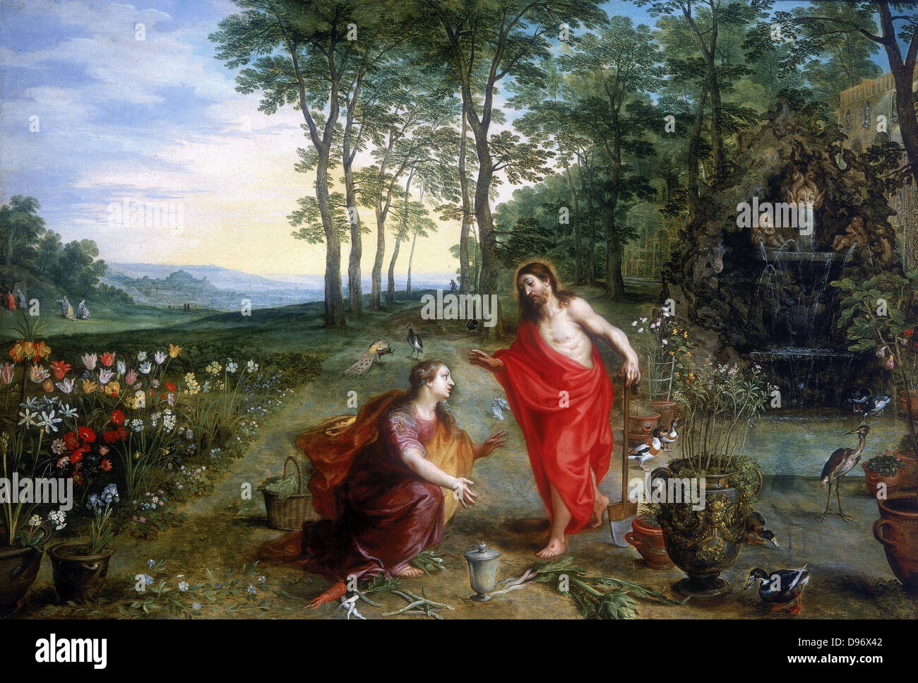 Noli me tangere" Oleo sobre madera. Colección privada. María Magdalena, la primera en ver al Cristo resucitado en el Huerto de Getsemaní. Jan Brueghel o Breughel el Joven (1601-1678) y Hendrick Van Balen. Aceite en el panel de roble. Foto de stock