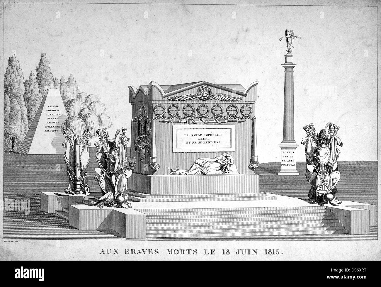 Impresión alegórico conmemorativo de la Guardia Imperial francesa y a todos aquellos que cayeron en 1815. Grabado. Foto de stock