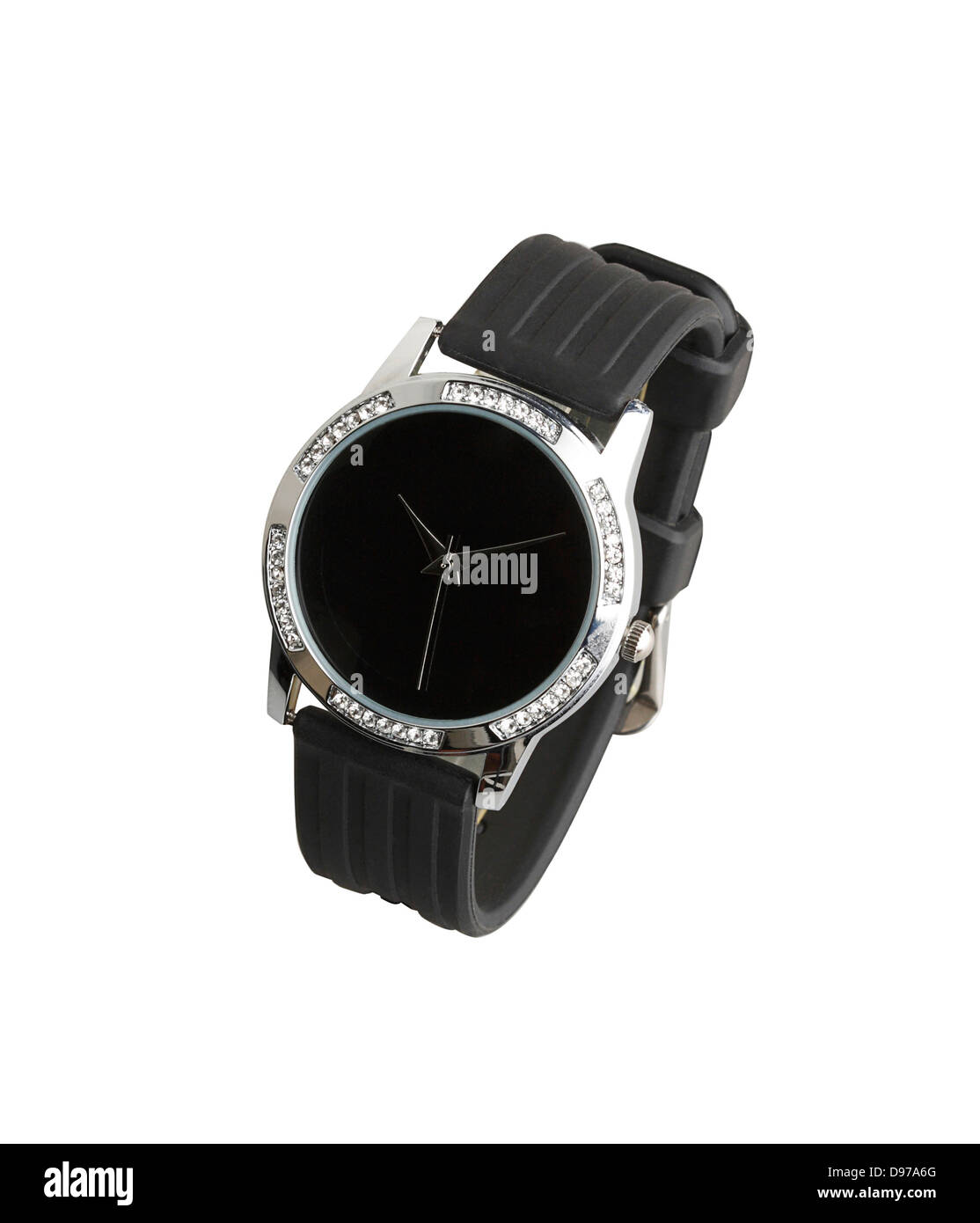Elegante reloj de pulsera negro decorado por diamond Foto de stock