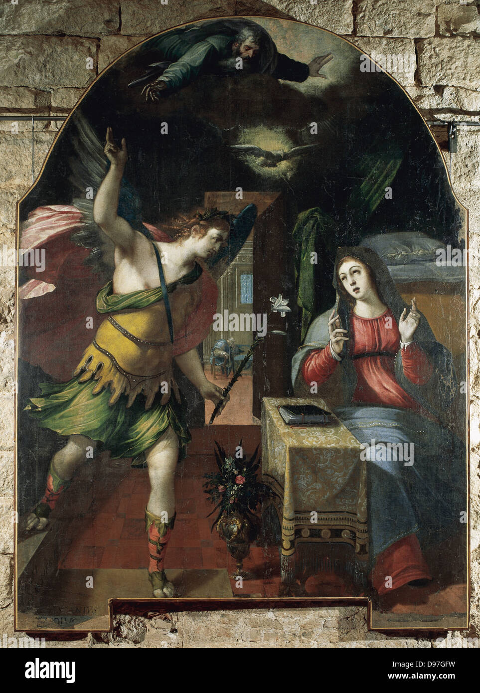 Wenceslao Cobergher (1560-1634). El pintor flamenco. La Anunciación, de 1590. Iglesia de San Francisco. Ariano Irpino. Italia. Foto de stock