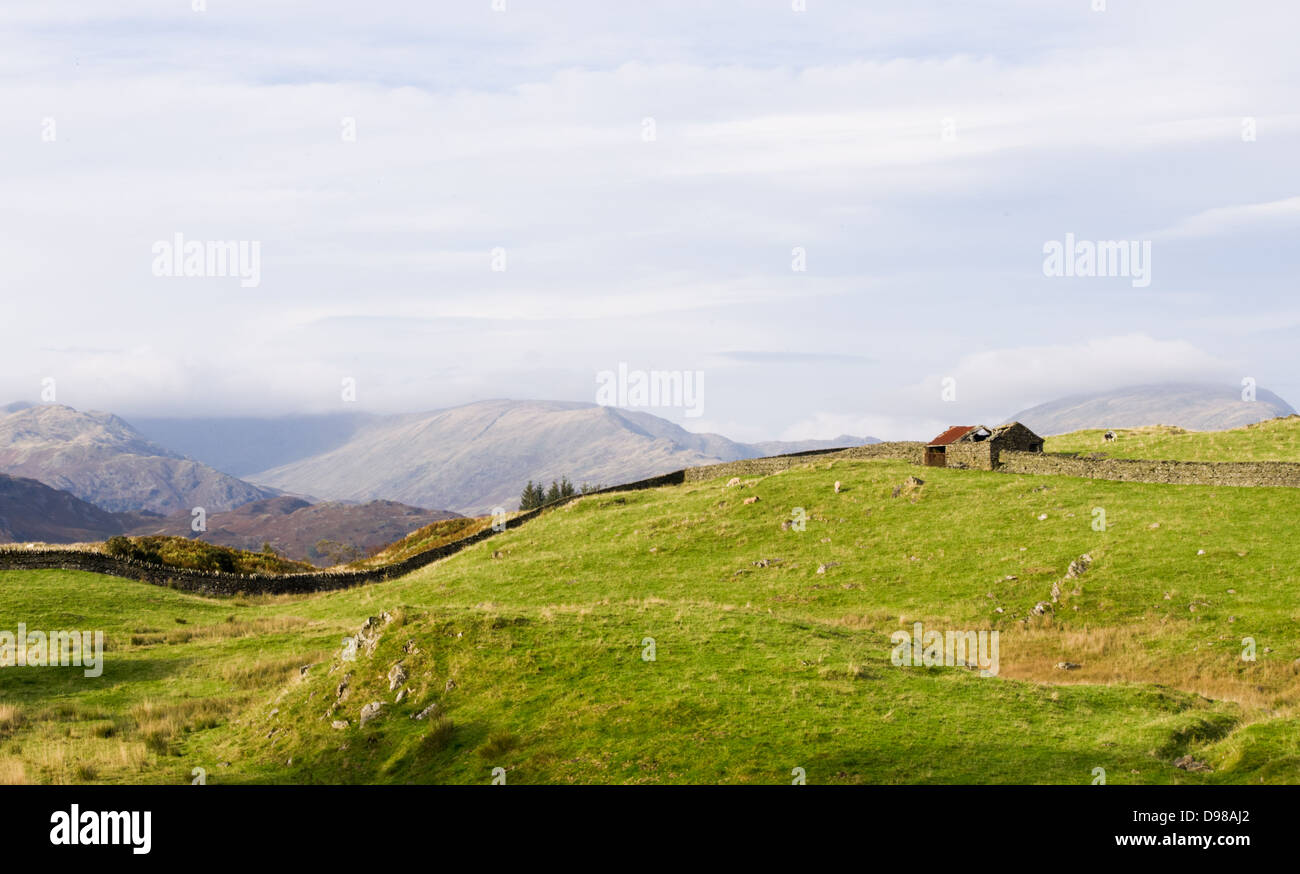 Una vista de un campo verde en una colina junto a la valla de piedra y montañas cubiertas de nubes en la distancia. Foto de stock