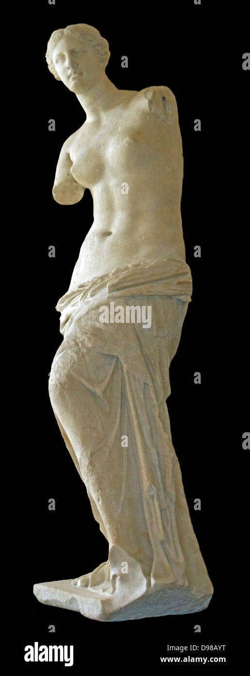 Venus de Milo, es una antigua estatua griega y una de las más famosas obras de la escultura griega antigua. Creado en algún momento entre el 130 y el 100 A.C., creído para representar Afrodita (Venus) la diosa griega del amor y la belleza. La escultura de mármol, ligeramente más grande que el tamaño de la vida. El Museo del Louvre en París. Foto de stock