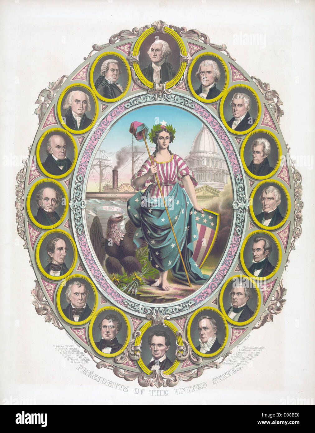 Columbia vestida de estrellas y rayas, sosteniendo un gorro de libertad y acompañado por un águila calva, rodeado por los retratos de los primeros 16 presidentes de los Estados Unidos de Washington , en la parte superior, un lampiño Lincoln en la parte inferior. Litografía de color c1861. Foto de stock