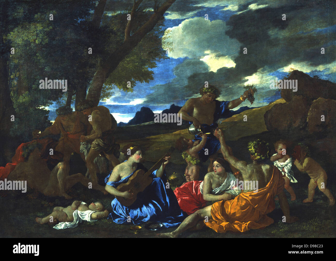 Andrians o la Gran bacanal Mujer jugando con un laúd': 1628, óleo sobre lienzo. Nicolas Poussin (1594-1665), pintor francés. Baco (Dionisio en el panteón griego) dios romano del vino, asociado a la embriaguez. Foto de stock