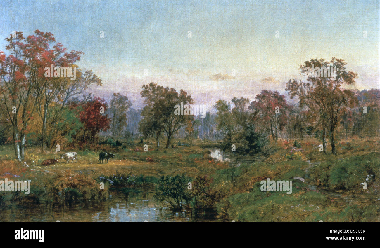 Hastings-on-Hudson, 1885. Óleo sobre lienzo: Jasper Cropsey (1823-1900), pintor y arquitecto americano, escuela del Río Hudson.escasamente boscoso paisaje con río que corre a través del centro, el pastoreo de ganado en la izquierda. Foto de stock