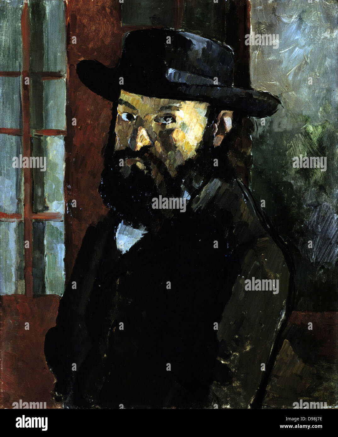 Autorretrato en un Black Hat', C1879. Óleo sobre lienzo. P;aul Cezanne (1839-1906), pintor postimpresionista francés. Foto de stock