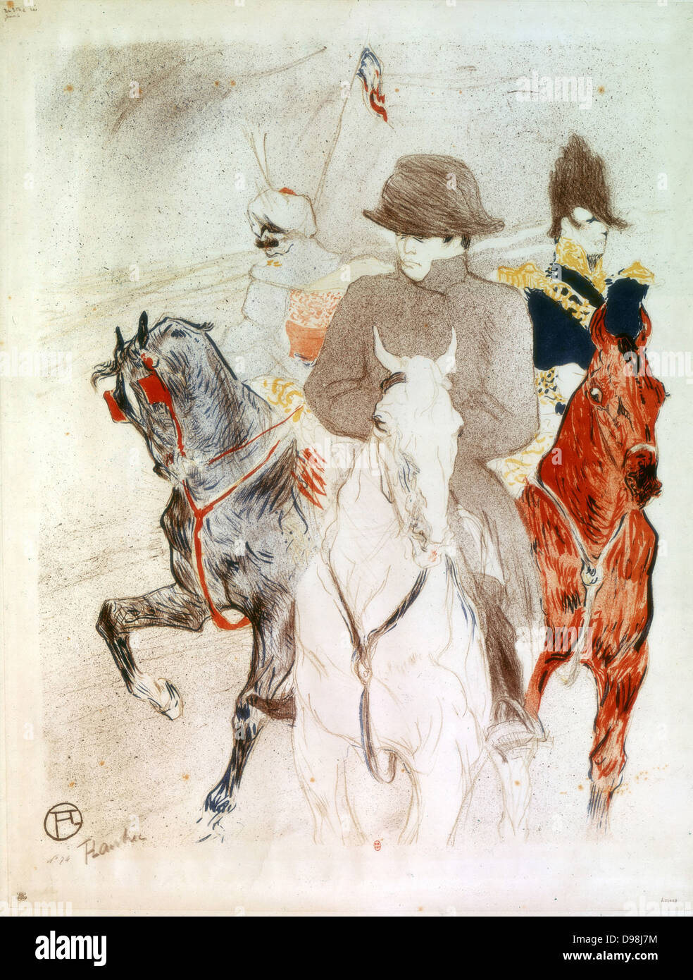 Napoleón I' , Litografía por Henri de Toulouse-Lautrec (1864-1901) artista francés. Post-Impressionis, Art Nouveau. Napoleón en caballo blanco, seguido por el oficial francés en un castaño y turbaned figura en un gris. Foto de stock