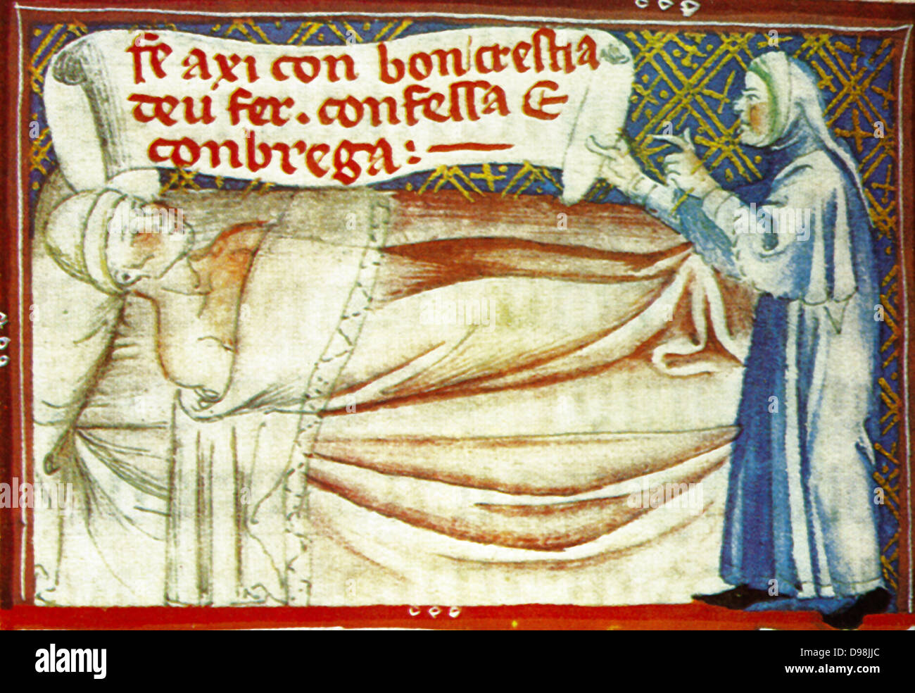 Escena desde el siglo XIV, manuscrito ilustrado del Breviari d'amor. Ilustra los siete actos de misericordia. Aquí se muestra visitando enfermos Foto de stock