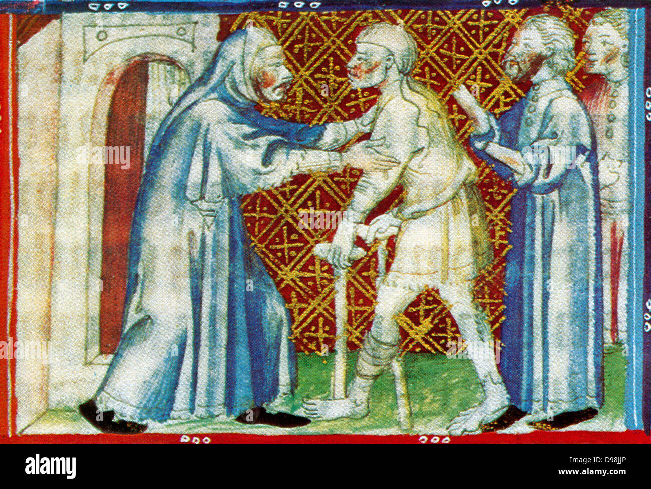 Escena desde el siglo XIV, manuscrito ilustrado del Breviari d'amor. Ilustra los siete actos de misericordia. Aquí está demostrado dar cobijo a los sin hogar Foto de stock