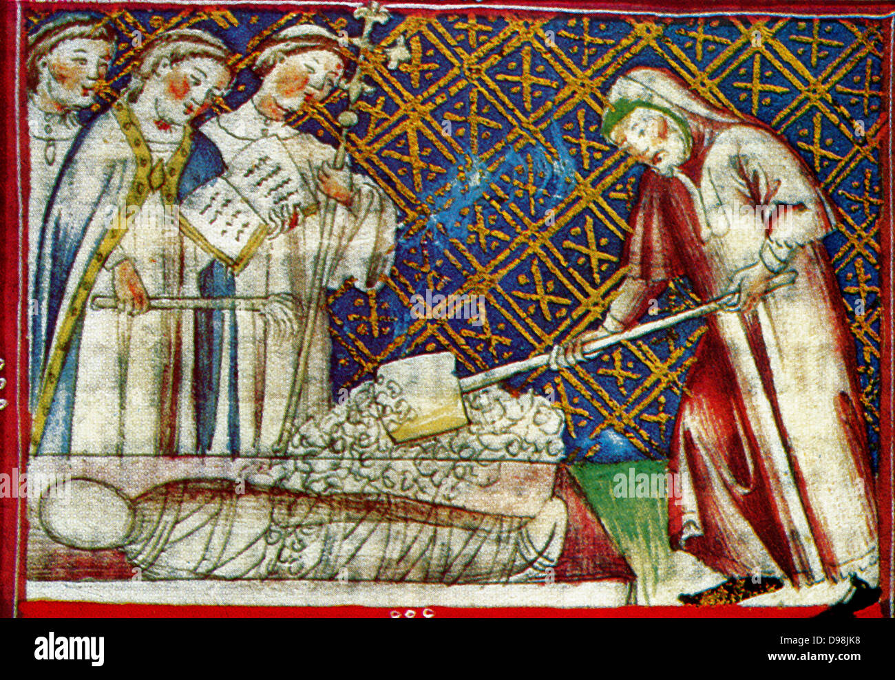 Escena desde el siglo XIV, manuscrito ilustrado del Breviari d'amor. Ilustra los siete actos de misericordia. Aquí se muestra enterrando a los muertos Foto de stock