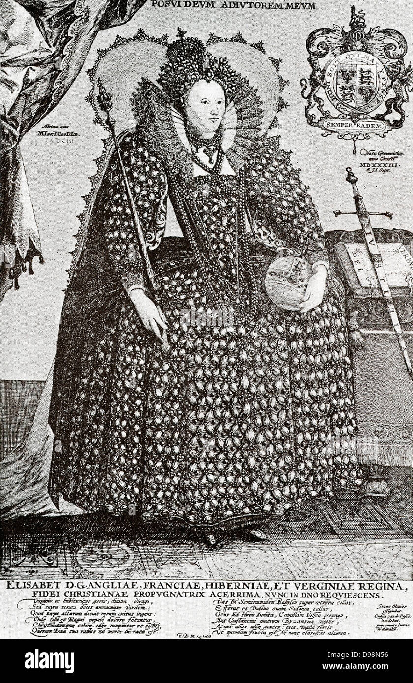 La reina Isabel de Inglaterra (1558-1603) Elizabeth era la hija de Henry V111 y Ana Bolena. Ella fue declarada ilegal por el Parlamento en 1536. Isabel hizo Inglaterra protestante de nuevo y su voluntad es la ley. Ella no casarse y era conocida como la Reina Virgen. Durante su reinado, Inglaterra se convirtió en enemigo de la España Católica y lucharon contra Felipe 11's navy (Armada Española). El período Tudor terminó con su muerte, después de 45 años en el trono. Ella fue enterrada en la Abadía de Westminster. Foto de stock
