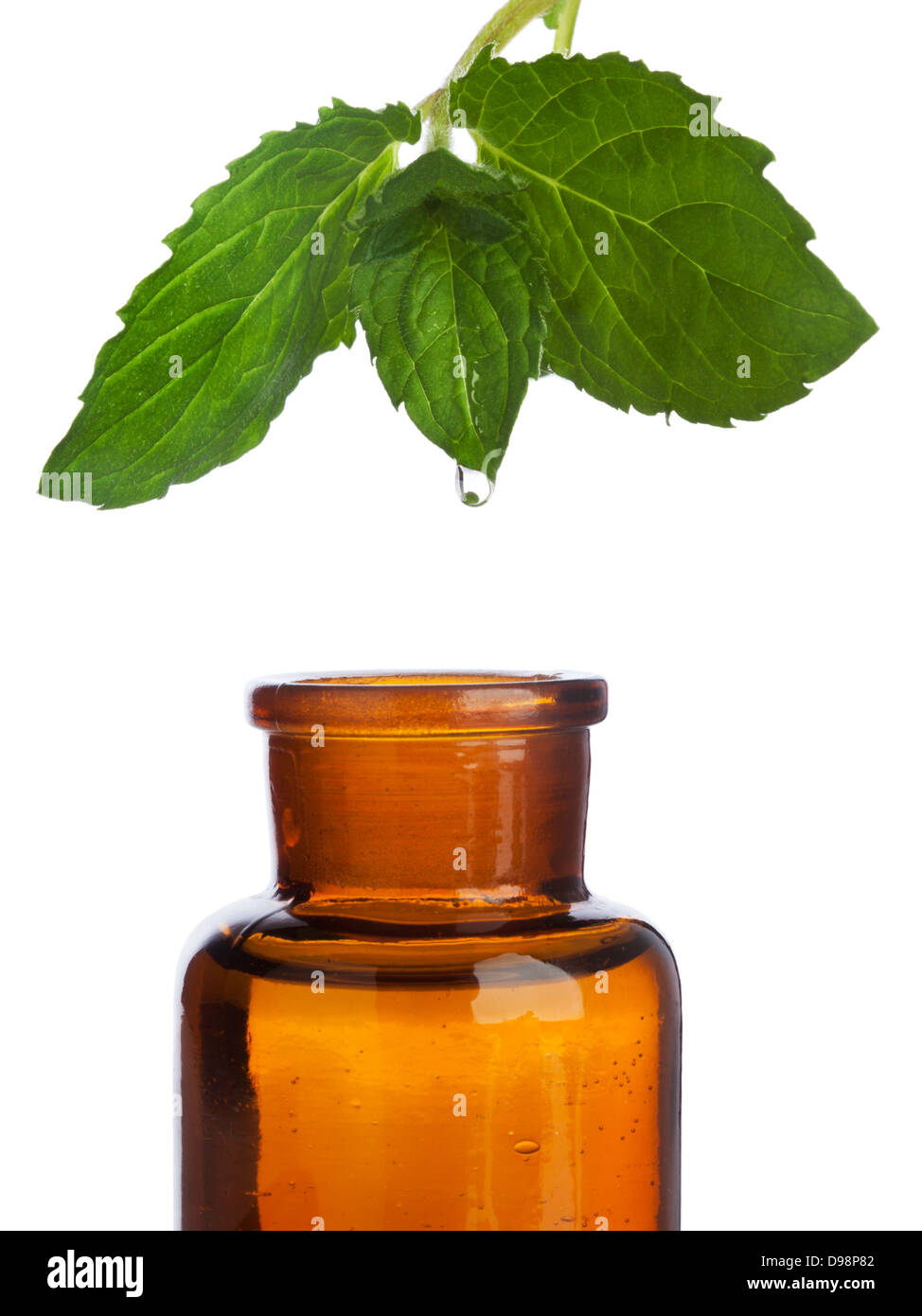 Gota de esencia herbal gotea desde la hoja de menta en marrón, aislados en la botella de farmacia antecedentes Foto de stock