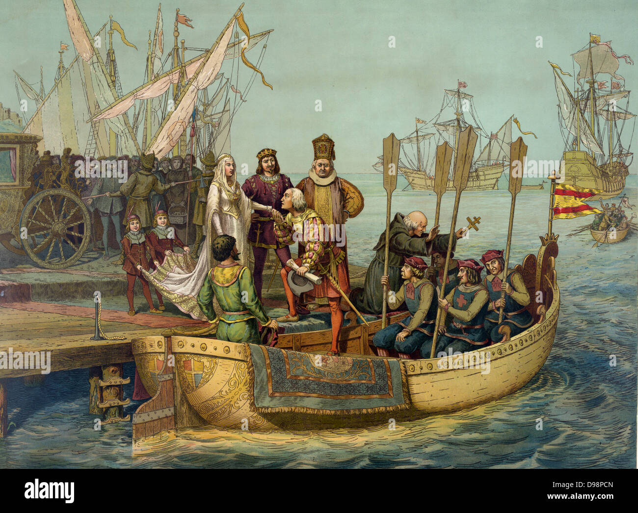 Cristóbal Colón (C1451-1506) despedirme de Isabel de Castilla y Fernando II de Aragón, antes de salir en su primer viaje al Nuevo Mundo, el 8 de agosto de 1492. Imprimir 1893. Navegación de exploración de América Foto de stock