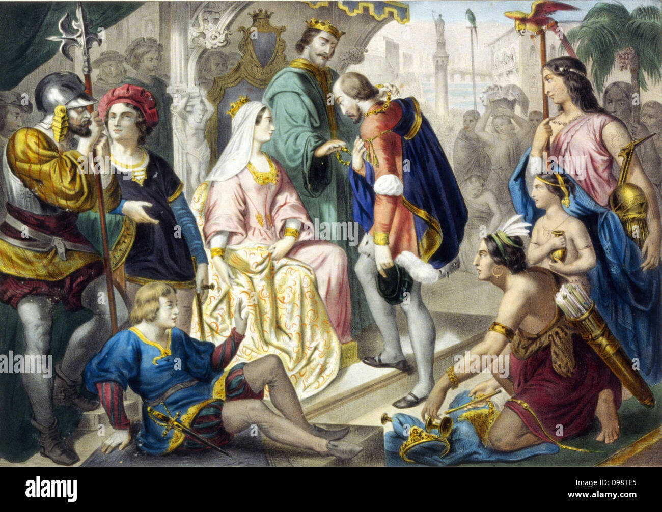 Cristóbal Colón saludado por Fernando II de Aragón e Isabel de Castilla al regreso de su primer viaje al Nuevo Mundo, de febrero de 1493. Con él están los nativos americanos y de los tesoros del Nuevo Mundo. Imprimir c1860. Foto de stock
