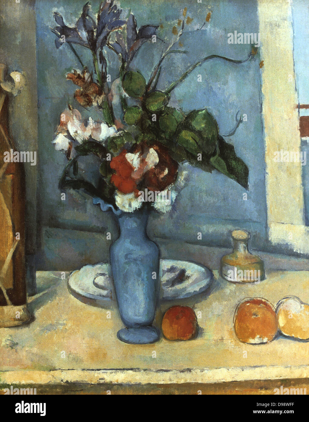 El jarrón azul', 1885-1887. Óleo sobre lienzo. Paul Cezanne (1839-1906), pintor postimpresionista francés. Still Life Flores frutas de mesa. Foto de stock