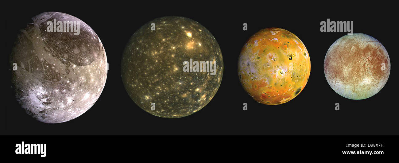 Este compuesto incluye las cuatro grandes lunas de Júpiter que son conocidos como los satélites galileanos. De izquierda a derecha, el Foto de stock