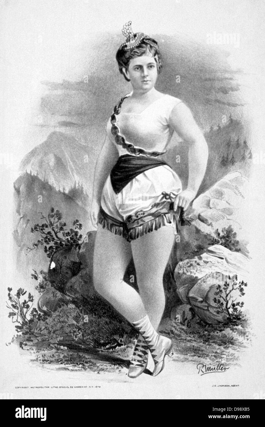 Mujer en traje burlesco delante de afloramientos rocosos c1879. (Poster) : litografía mostrando un espectáculo burlesco. Foto de stock