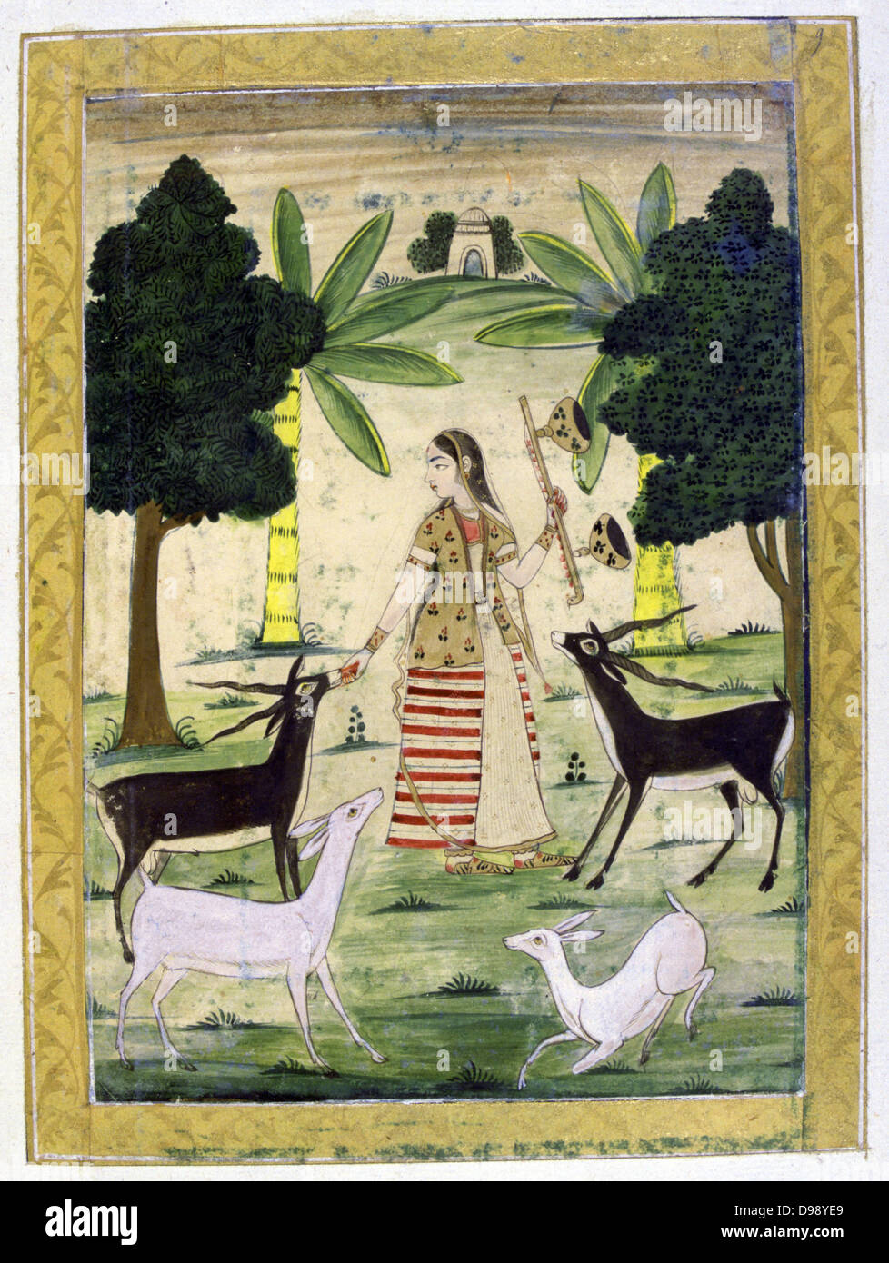 Álbum de Ragamala. Mujer joven encantadora los ciervos y gacelas con ella tocando y cantando. Miniatura indio del siglo XIX, escuela de Rajasthan. Música Foto de stock