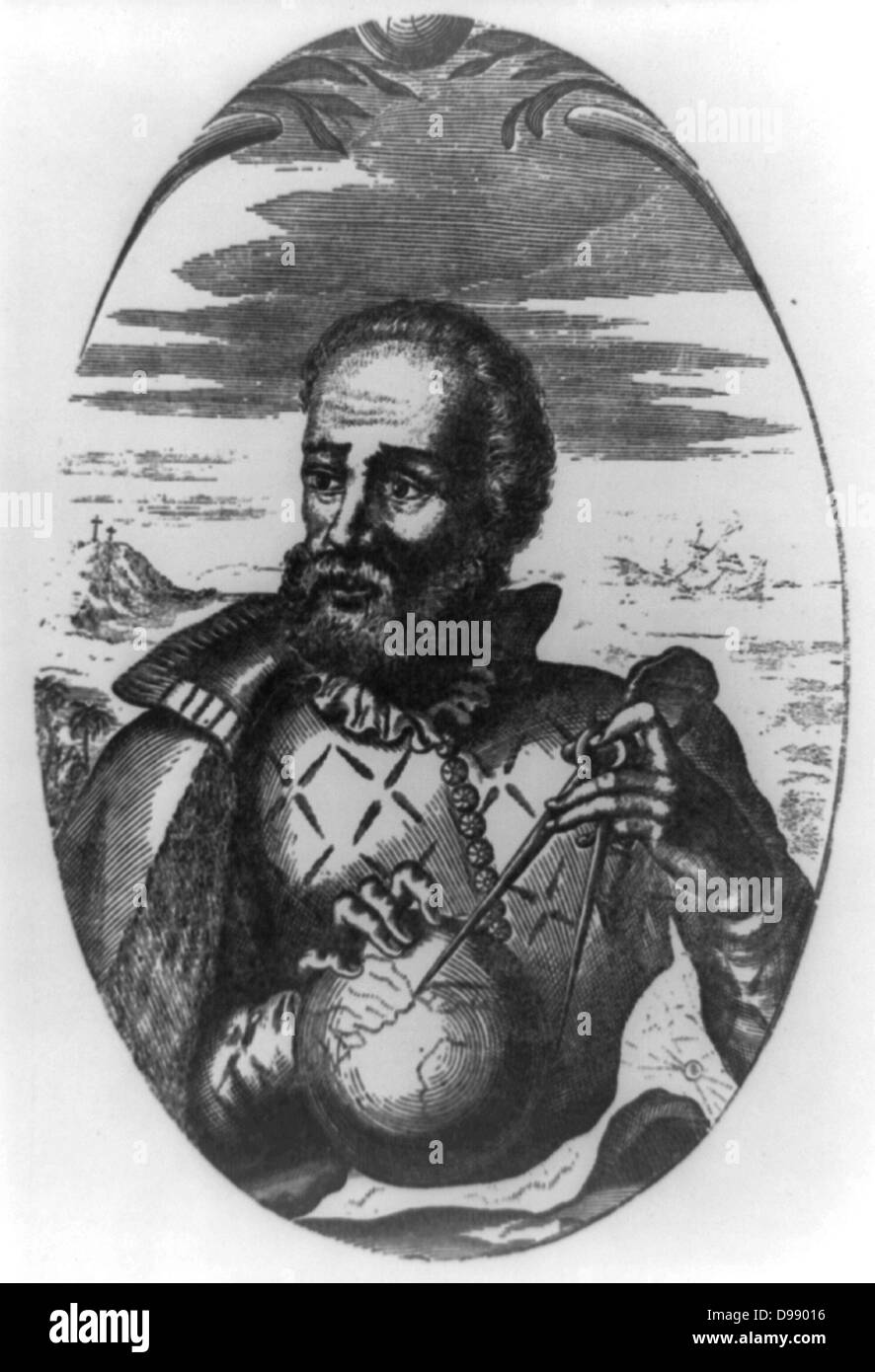 Fernando de Magallanes, retrato de media longitud, mirando hacia la izquierda; celebración de Globe y brújula. Foto de stock