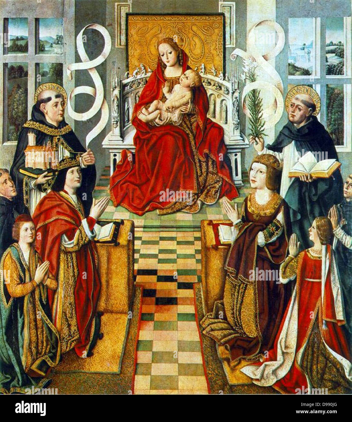 La Virgen de los Reyes Católicos, pintada de 1490 - 1495. Un retrato de grupo del Rey Fernando de Aragón (a la izquierda, arrodillado) y la reina Isabel de Castilla (a la La Virgen de los Reyes Católicos, pintada de 1490 - 1495. Un retrato de grupo del Rey Fernando de Aragón (a la izquierda, arrodillado) y la reina Isabel de Castilla (a la
