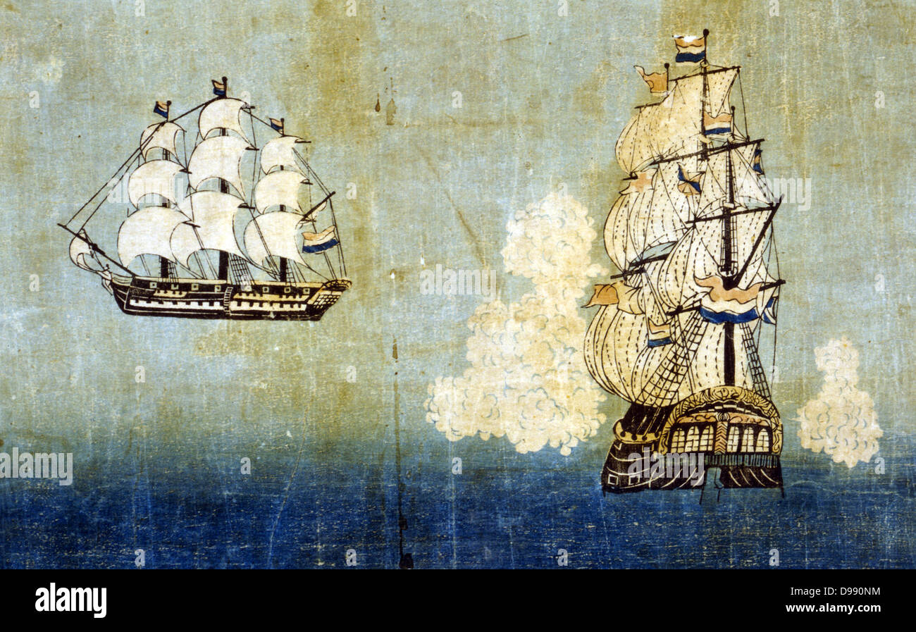 Barco holandés (Orandasen): Dos vistas laterales y trasera, de un velero holandés. A la derecha el buque está disparando sus armas. Impresión japonesa 1850-1900. El comercio marítimo transporte Europa Holanda Japón Foto de stock