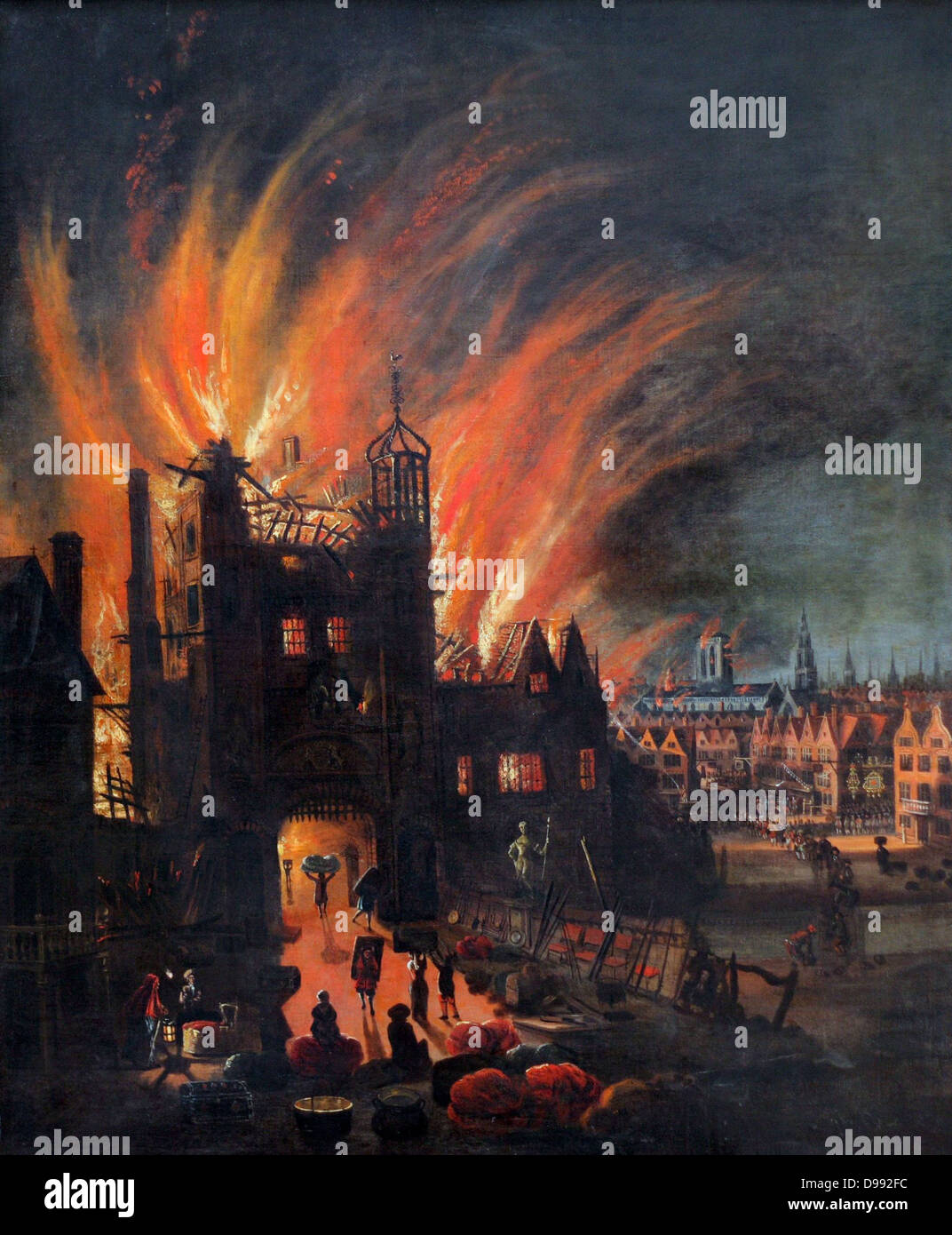 El Gran Incendio de Londres, 2-5 de septiembre de 1666. A la izquierda la gente ahorra lo que pueden de un edificio en llamas. En medio de la distancia en el derecho antiguo La catedral de St Paul está en llamas. Pintura anónima c1670. Destrucción de Inglaterra Foto de stock
