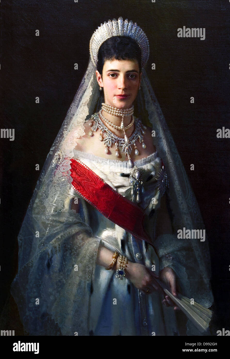 Maria Fyodorovna (1847-1928), 1880. Óleo sobre lienzo. Iván Kramskoi (1837-1887), pintor ruso. Antiguamente la Princesa Dagmar de Dinamarca, como la esposa de Alexander III, la Zarina de Rusia 1881-1894. Joyas de Diamante Zafiro perla Foto de stock